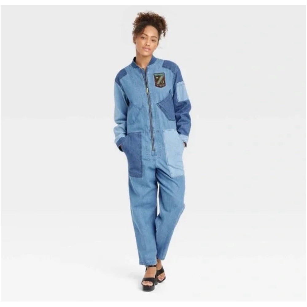 Houston White x‎ Target Blue Denim Patchwork Long Sleeve Jumpsuit One Piece XS